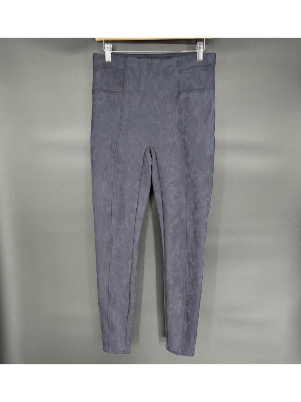 Spanx Women's Faux Suede Moto Leggings L Navy Seamed Pull On Stretch Pants